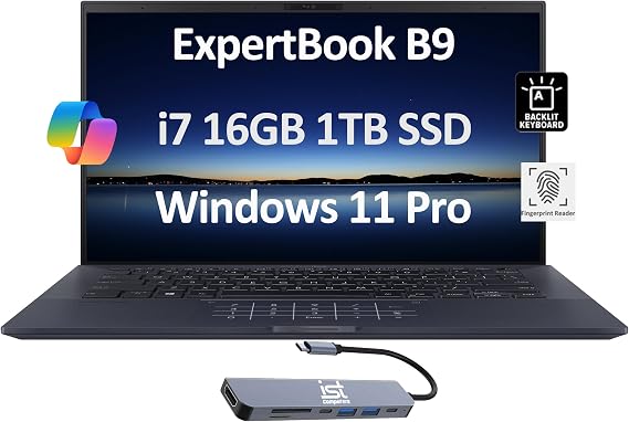 ASUS ExpertBook B9 Thin & Light Laptop (14" FHD, Intel 10-Core i7-1255U, 16GB RAM, 1TB SSD) for Business, Traveling, Engineering, Backlit, Fingerprint, 3-Yr WRT, IST Hub, Win 11 Pro
