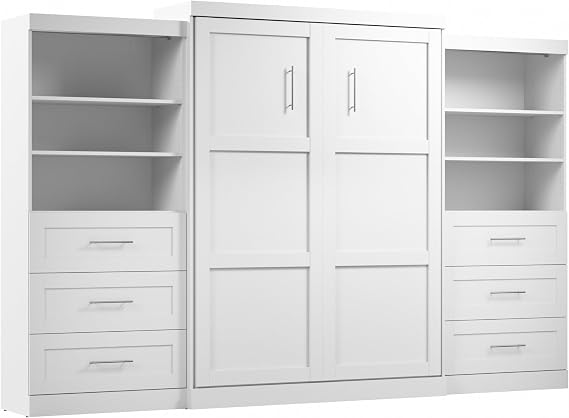Bestar Queen Murphy Bed and 2 Shelving Units with Drawers, White, Pur, 136W