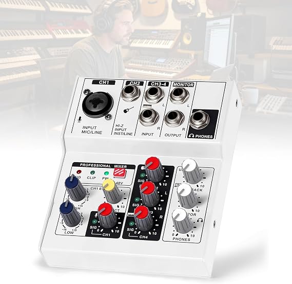 4-Channel Professional DJ Audio Mixer Interface Sound Board, White