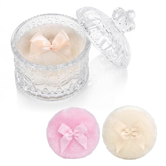 Large Body Powder Puff and Container Glass Jar Dusting Powder Container with Puff Soft Reusable Velour Face Body Wet Dry Makeup