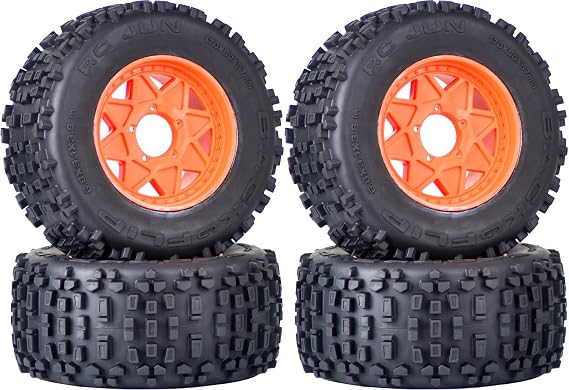 3.8" MT Monster Truck Tires with Foam Insert - 17mm/14mm/12mm Hex Adapters Included, Compatible with TRAXXAS Sledge, ARRMA KRATON, Outcast, Tamiya, HSP (Set of 4), Replacement Part of AR510092