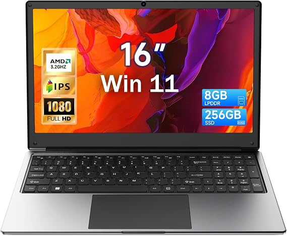 16 inch Laptop Computer,8GB RAM 256GB SSD Storage Laptop PC,with AMD A9 Processor(up to 3.2GHz),IPS FHD Display,Win11,Students & Work Notebook Computer,9000mAh Battery,Cooling System