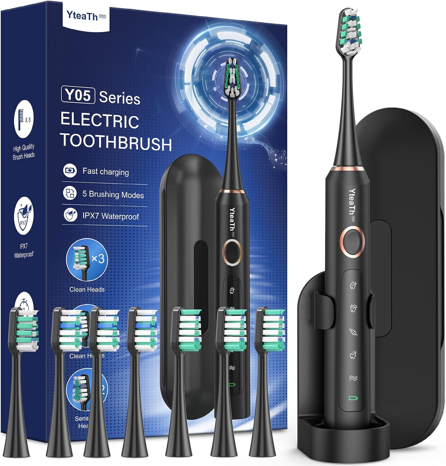 Sonic Electric Toothbrush for Adults and Kids - Sonic Toothbrush with 8 Toothbrush Heads 2 Types, 90 Days Battery Life, 5 Cleaning Modes with Teeth Whitening, Travel Case, 2 Minute Brushing Timer