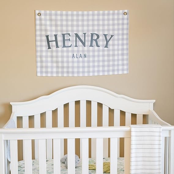 Custom Baby Name Canvas Flag for Wall Decor, Personalized Checkered Name Banner Signs for Nursery with Hooks, Neutral Wall Decor Gift for Baby Room, Kids Bedroom, Baby Shower