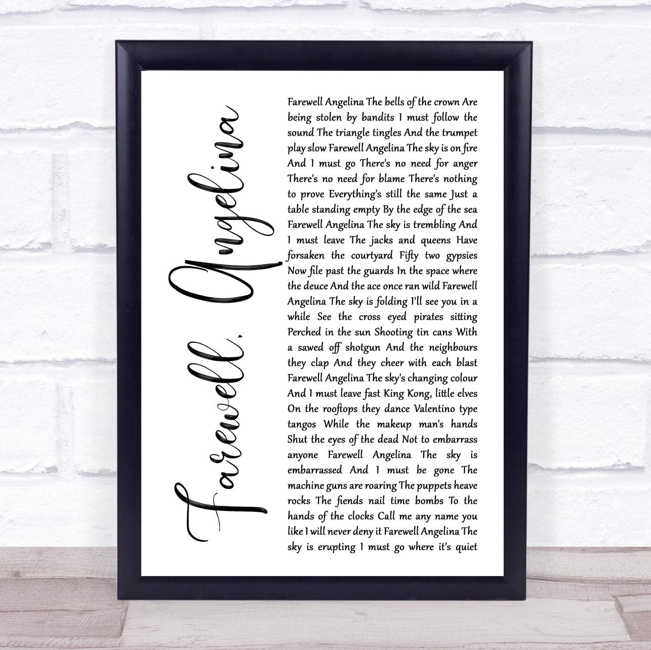 Farewell, Angelina White Script Song Lyric Print