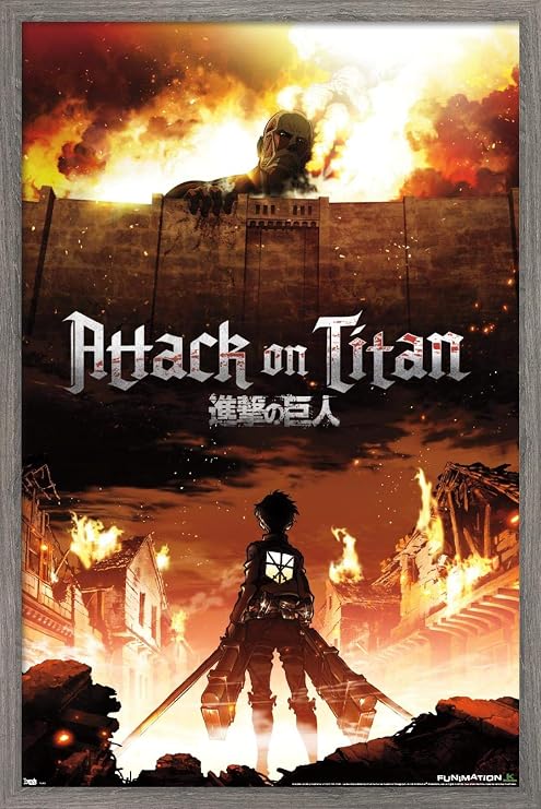 Trends International Attack on Titan - Fire Wall Poster, 14.725" x 22.375", Barnwood Framed Version