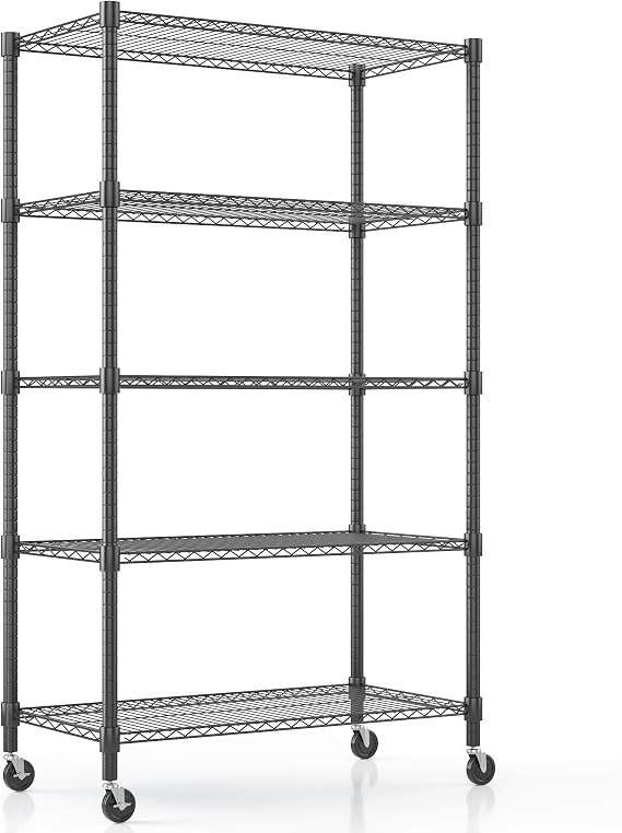 Himimi 5-Tier Heavy Duty Steel Wire Rack Storage Shelving, Adjustable Metal Storage Shelves with Wheels, 82''H Wire Shelf for Kitchen Garage Basement Pantry Organization, 18" D36" W82" H-Black