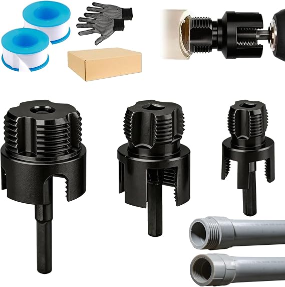 3Pcs Pipe Thread Cutting Tool, Integrated Internal & External Plastic PVC Pipe Threading Tool Kit, Electric Drill Compatible Pipe Tapping Kit, Pipe Tread Cutting Tool (1/2" & 3/4" & 1")