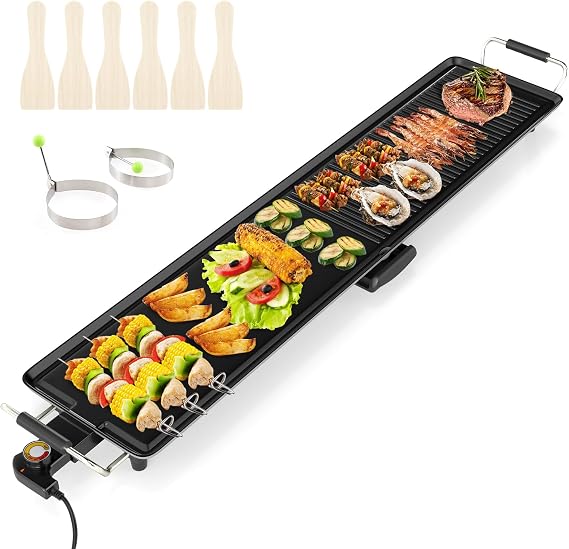 39.5 Extra Large Electric Griddle, Teppanyaki Grill w/Nonstick Surface, 4 Adjustable Temperature, Insulated Handles & Drip Tray, Indoor & Outdoor Tabletop Griddle for Party, Camping