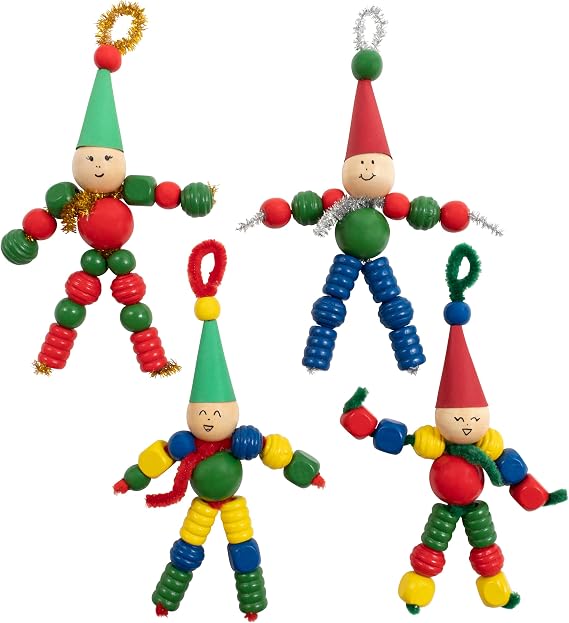 READY 2 LEARN Christmas Crafts, Create Your Own Bead Elves, Set of 4 | All Materials Included, DIY Ornaments for Kids, Christmas Tree Decoration