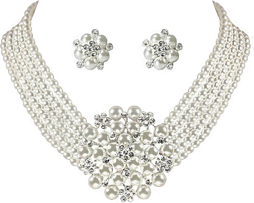 Classic Faux Pearl Jewelry Set for Women, 1950s Inspired Strand Necklace with Earrings, Elegant Gift for Mother's Day & Wedding