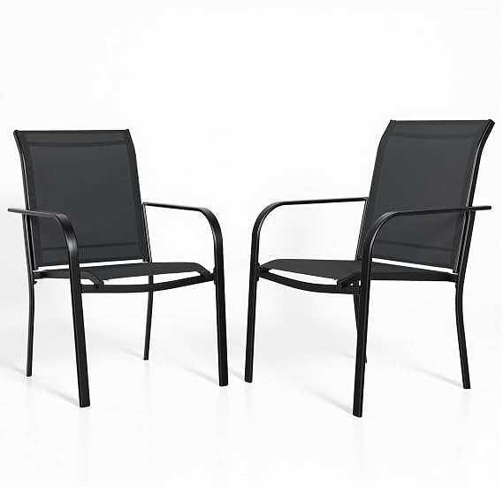 Oakcloud 2 Pieces Patio Wrought Iron Chairs, Metal Frame & Textilene Fabric Outdoor Dining Chair, Stackable Dining Chairs with Armrest for Garden Backyard, 250 LBs (Black)