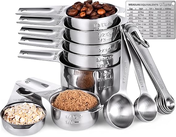 U-Taste Measuring Cups and Spoons Set of 15, 2 D-Rings & 1 Conversion Chart