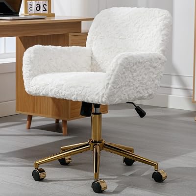 White Cute Vanity Chair with Backs, Rolling Makeup Vanity Chair with Wheels & Adjustable Heigh Feet, Comfy Makeup Desk Chair for Home Office,Study Room WhiteFoam  Velvet
