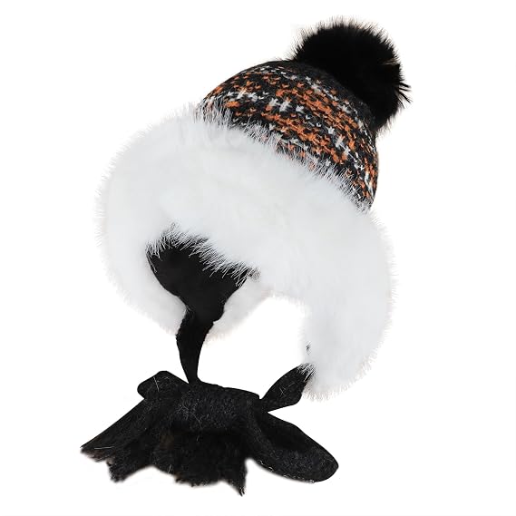 Greenery-GRE Womens Faux Fur Trim Knitted Hat with Pompom Winter Warm Fleece Lined Beanie Crochet Hat Furry Brim Snow Cap