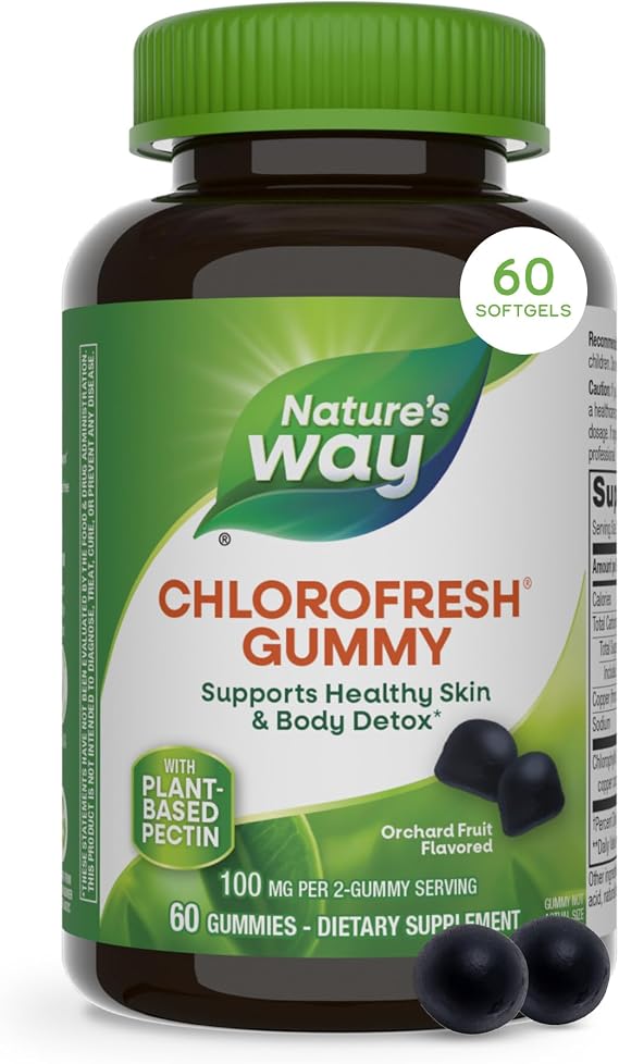 Nature's Way Chlorofresh Chlorophyll Gummies, Supports Healthy Skin and Body Detox*, Internal Deodorant*, Orchard Fruit Flavored, 60 Gummies | Daily Gummy Supports Healthy Skin and Body Detox*, Internal Deodorant*, Orchard Fruit Flavored Gummies