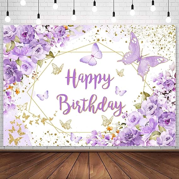 Sensfun Purple Floral Butterfly Birthday Backdrop for Women Girls Flowers Glitter Gold Dots Photography Background Butterflies Happy Birthday Party Decorations Cake Table Banner Photo Booth 8x6ft