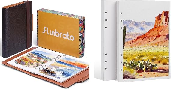 Watercolor Sketchbook A5 Bundle with Refill Paper, 100% Cotton Hot Press 300GSM 140LB, 24 Sheets + 48 Sheets Cold Refill, Dual-Sided Texture, Refillable Journal for Mixed Media