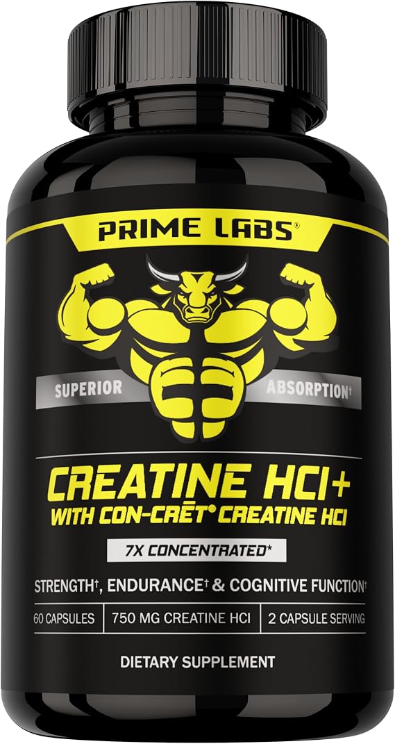 Prime Labs Creatine HCl Capsules - with CON-CRET, Rhodiola Root Extract, L-Theanine - Muscle Support, Endurance, Cognitive Function - for Men & Women - 60 Pills