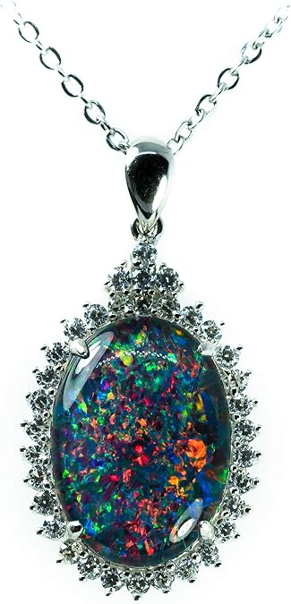 Australia Fire Opal Jewelry- Large Genuine Australian Triplets Opal Necklace Pendant White Gold Plated Sterling Silver Women's Jewelry