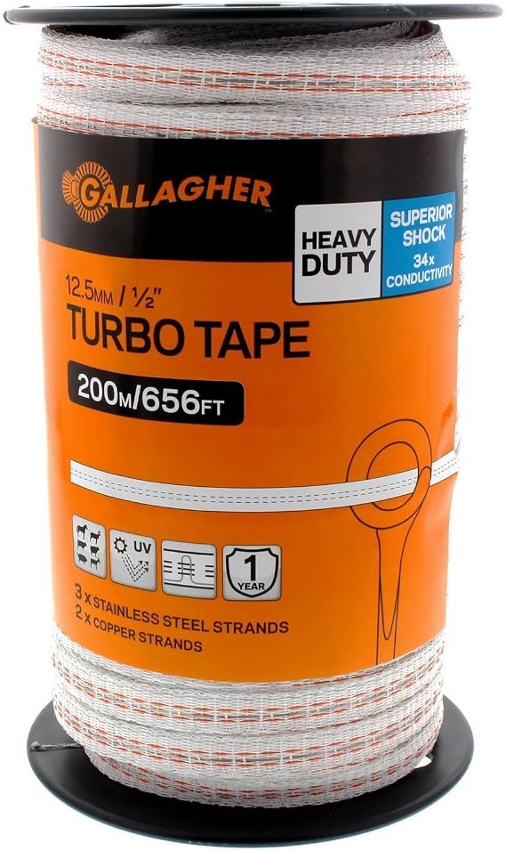 Gallagher 1/2" x 656' Electric Fence Turbo Polytape with Copper and Stainless Steel Strands | 34x More Conductivity Than Standard Polytape | Electric Fencing for Horses and Livestock