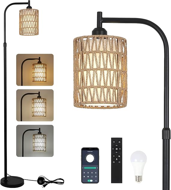 LAMSU Floor Lamp with Remote, Dimmable Rattan Floor Lamp with LED Bulb, Industrial Black Tall Pole Lamp with Rattan & Fabric Shades, Boho Farmhouse Standing Lamps for Living Room Bedroom Office