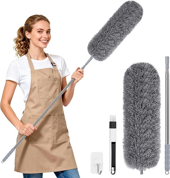 Extendable Feather Duster, Microfibre Dusters for Cleaning, Washable Long Handled Duster with 40-240 cm Telescopic Pole and Groove Brush, for High Ceilings, Household, Cars