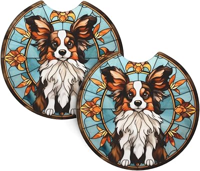 Papillon Lovers Car Coasters - 2pcs Dog Lovers Drink Coasters, Papillon Dog Themed Decor Gift for Papillon Moms & Dads Papillon