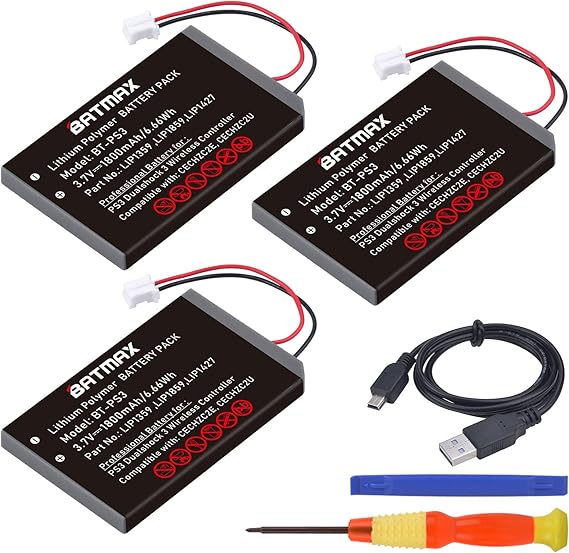 Batmax 3Pcs 1800mAh LIP1359 Battery Replacement for Sony PS3 PlayStation 3 Sixaxis Dualshock 3 Wireless Controller CECHZC2E CECHZC2U LIP1472 LIP1859...