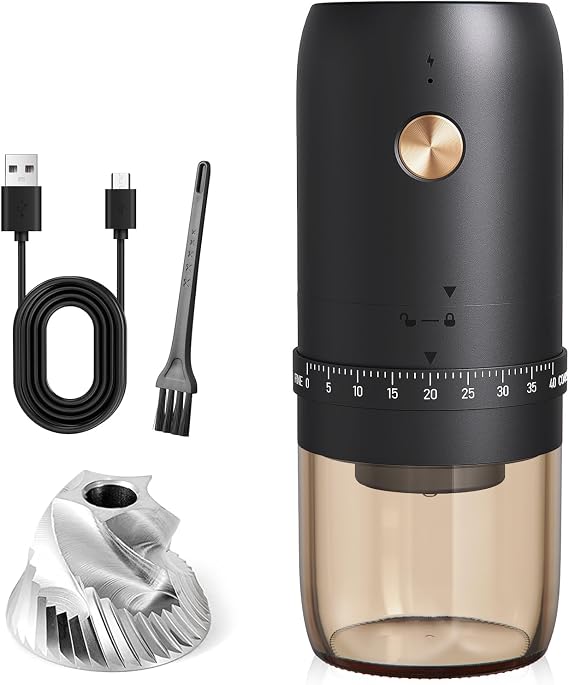 Portable Electric Coffee Grinder, 40 Settings, Conical Burr, USB-C, Black