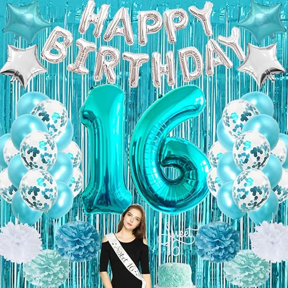 Sweet 16 birthday decorations,16th Birthday Decorations for Girls - Teal Blue Balloons,Girl 16th Birthday party supplies,16th Birthday Sash,Balloons,Happy Birthday Banner,Cake Topper