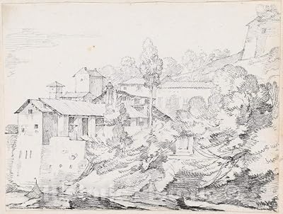 Art Print : Joseph-Marie Vien, Italian Buildings on a Hillside, c.1747, Historic Wall Décor : 14in x 11in