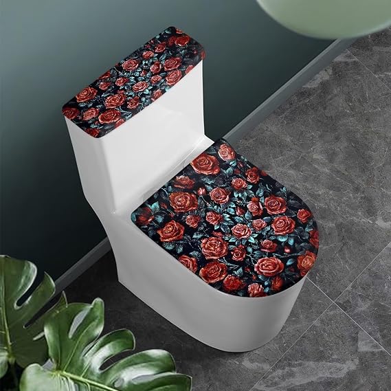 Toilet Lid Dust Cover,Red Roses Toilet Lid Cover and Toilet Tank Lid Cover 2 Pcs Set,Stylish Bathroom Decor Essentials