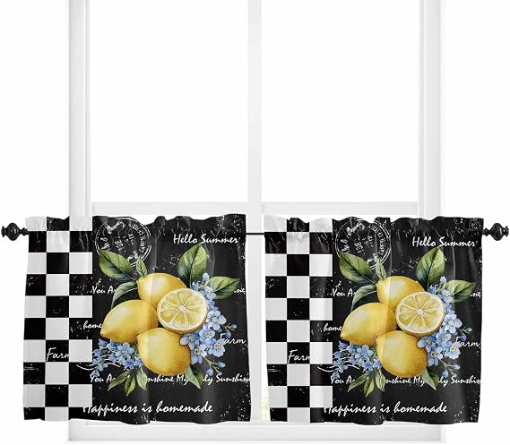 Lemon Kitchen Curtain 24 Inch Length Small Short Cafe Tiers Curtains Drape, Blue Flowers Black Country Farm White Check Window Treatment Rod Pocket Drapery Panels Curtains, 55x24