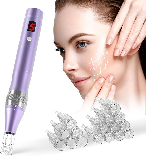 Professional Wireless Microneedling Pen Derma Pen with 16 Replacement Cartridges 5 Speeds Adjustable Micro Needling Microneedle Machine for Skin Care (Purple)