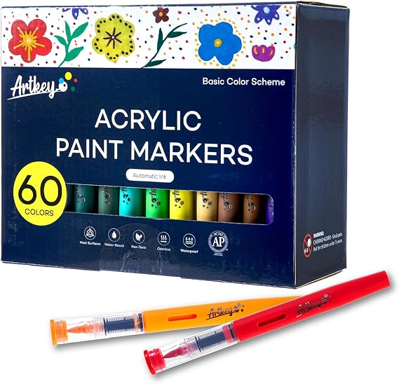 Artkey Acrylic Paint Markers 60 Colors, Direct-Liquid Acrylic Paint Pens with Automatic Ink Control, Flexible Brush Tip Acrylic Markers Set for Rock Painting, Wood, Canvas, Glass, Ceramic, DIY Crafts