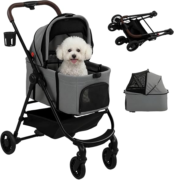 PawHut 3 in 1 Pet Stroller with Detachable Travel Carrier Car Seat Grey