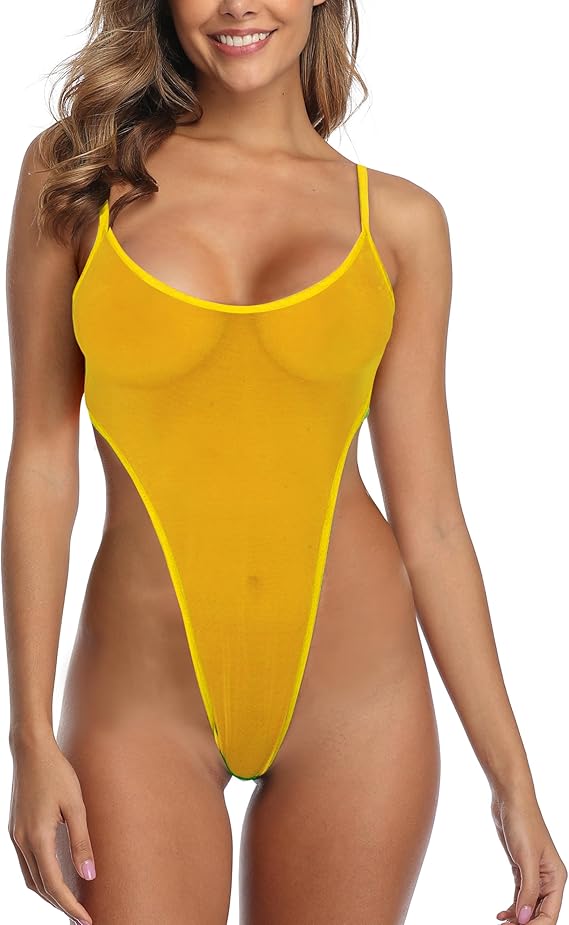 SHERRYLO Sheer One Piece Swimsuit See Through G String Monokini Bikini Sheer When Wet Swimsuits Mesh Bathing Suit Orange XL
