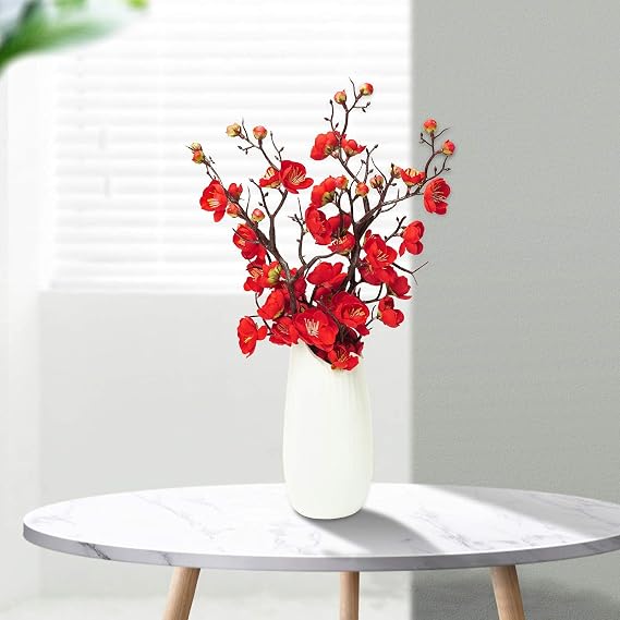 LIUCOGXI 4pcs Red Artificial Flower Silk Plum Blossom Branch Real Touch Faxu Flower Bouquets No Stem for Table Wedding Bouquet Home Decor Without Vase