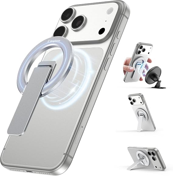 Dual-Sided Magnetic Phone Stand, for MagSafe Adjustable Kickstand Silver | Strong Magnetic Phone Holder with Foldable Stand, Compatible with Car Mounts & Gym Equipment for iPhone 17-12 Series