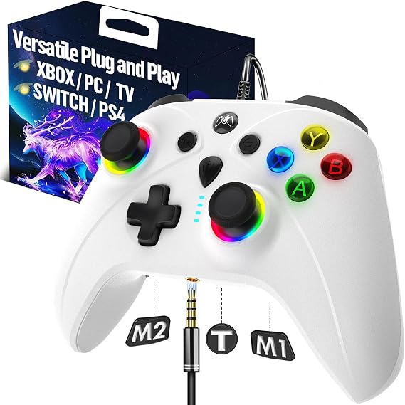 Wired Xbox Controller for X Box Series X S One PC PS4 Switch, Gaming Control Controllers with 1000Hz Polling Rate No Drift Stick, Custom Paddles Turbo Remote, RGB Light White Gamepad