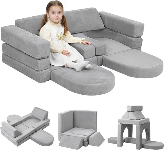 MeMoreCool Kids Couch, Light Grey Modular Foam Play Couch, Ages 3+
