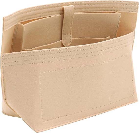 Doxo Purse Organizer Insert for Handbags, Felt Neverfull MM Organizer Insert with Laptop Compartment, Tote Bag Organizer with Zipper Pocket and Bottle Holder, Fit Neverfull MM and More, Beige-L