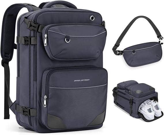 Maelstrom Travel Backpack for Men Women, 35L Carry on Backpack for Traveling on Airplane,with Belt Bag&Shoe Compartment,Waterproof Laptop Backpack fit 17Laptop-Mystery Grey
