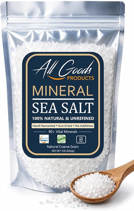 All Goods Products Mineral Coarse Grain Sea Salt, 16 oz Natural Salt from Mexico, Unrefined, Hand-Harvested, Loaded with 90+ Essential Minerals, Kosher, 30% Low Sodium.