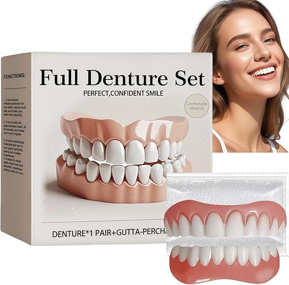 Silicone Reline Denture Set,Temporary Dentures for No Teeth,Full Mouth Silicone Dentures Repair Kit,False Teeth Set,Comfortable&Lightweight Material,Easy to Apply,Long-Lasting Hold,Wide Application