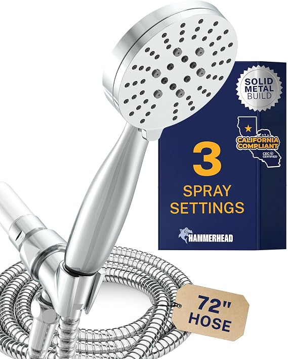 HammerHead Showers Solid Metal 3-Spray Handheld Shower Head with Long Hose and Holder - CHROME - WIDE, MASSAGE, and MIST Sprays - 1.8 GPM Low Flow Handheld Showerhead - Water Saving Shower Head