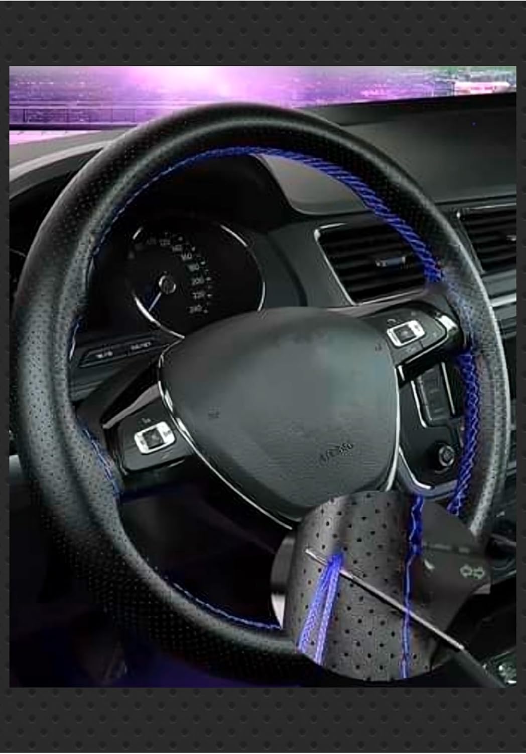 Universal Auto Leather Strut Steering Wheel Cover Dotted Blue String