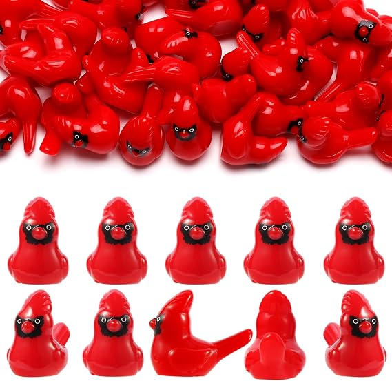 100 PCS Mini Red Cardinal Bird Figurines Tiny Little Resin Cardinal Miniature Small Animals Christmas Ornaments for Cake Topper Micro Garden Xmas Home Decor Crafts