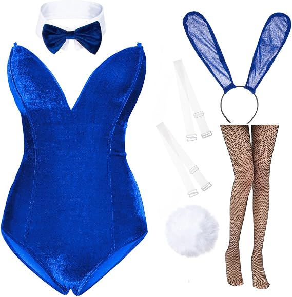 Anime Womens Bunny Girl Costume One Piece Bodysuit Halloween Cosplay Catsuit Bunny Headband Stockings Set